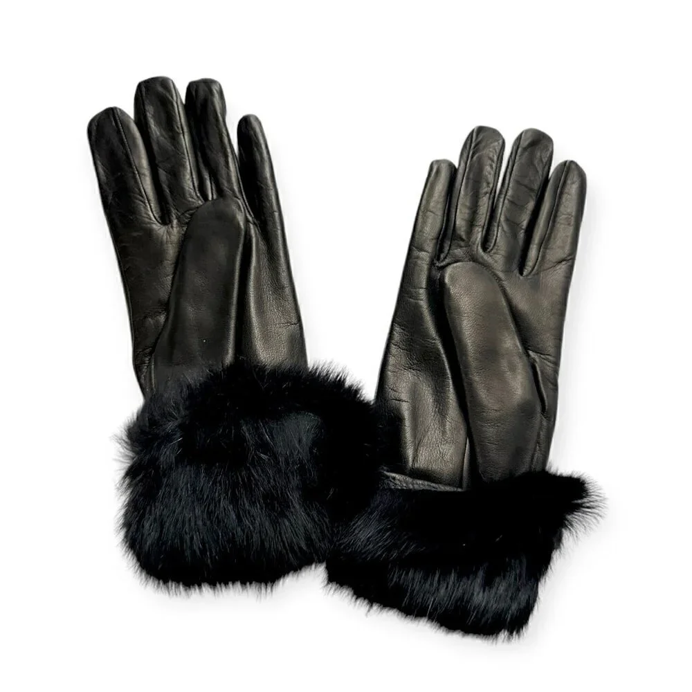 Sermoneta Gloves‎ Black Leather Rabbit Fur Lined Gloves size 7.5, NWT